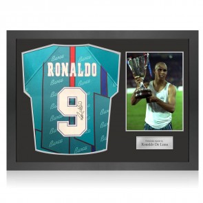 Ronaldo de Lima Signed Barcelona 1997 UEFA Cup Winners Cup Final Football Shirt. Icon Frame